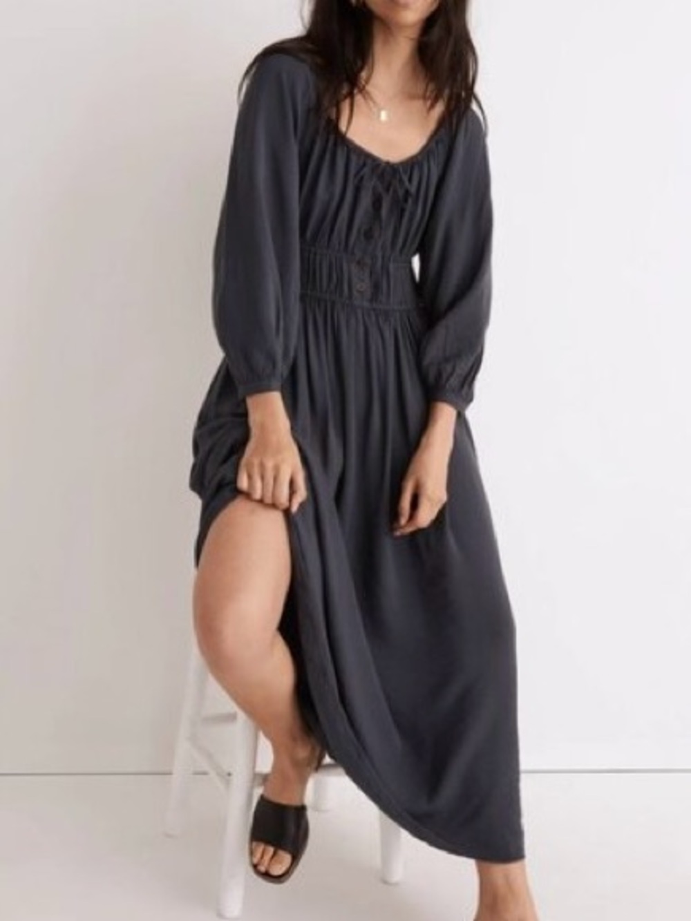 Madewell Smocked Waist Long Sleeve Maxi Dress in Charcoal